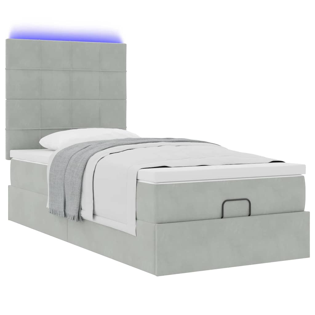 Ottoman-Bett mit Matratzen & LEDs Hellgrau 90x200 cm Samt