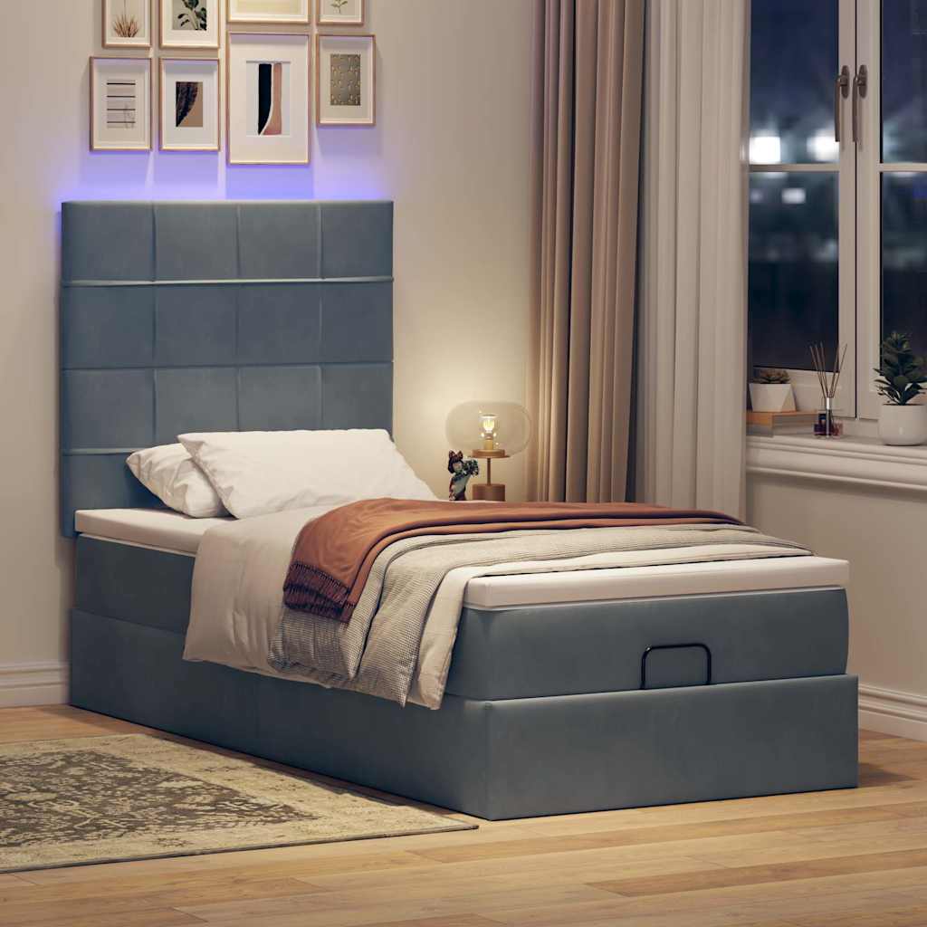 Lit ottoman avec matelas et LED gris foncé 90x200 cm velours