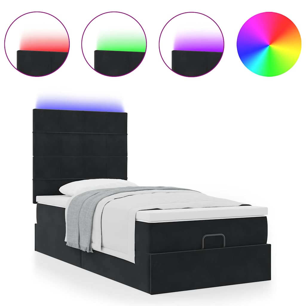 Ottoman-Bett mit Matratzen & LEDs Schwarz 90x200 cm Samt