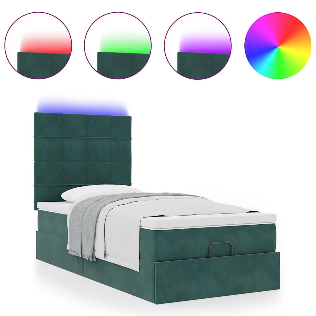 Ottoman-Bett mit Matratzen & LEDs Dunkelgrün 90x200 cm Samt