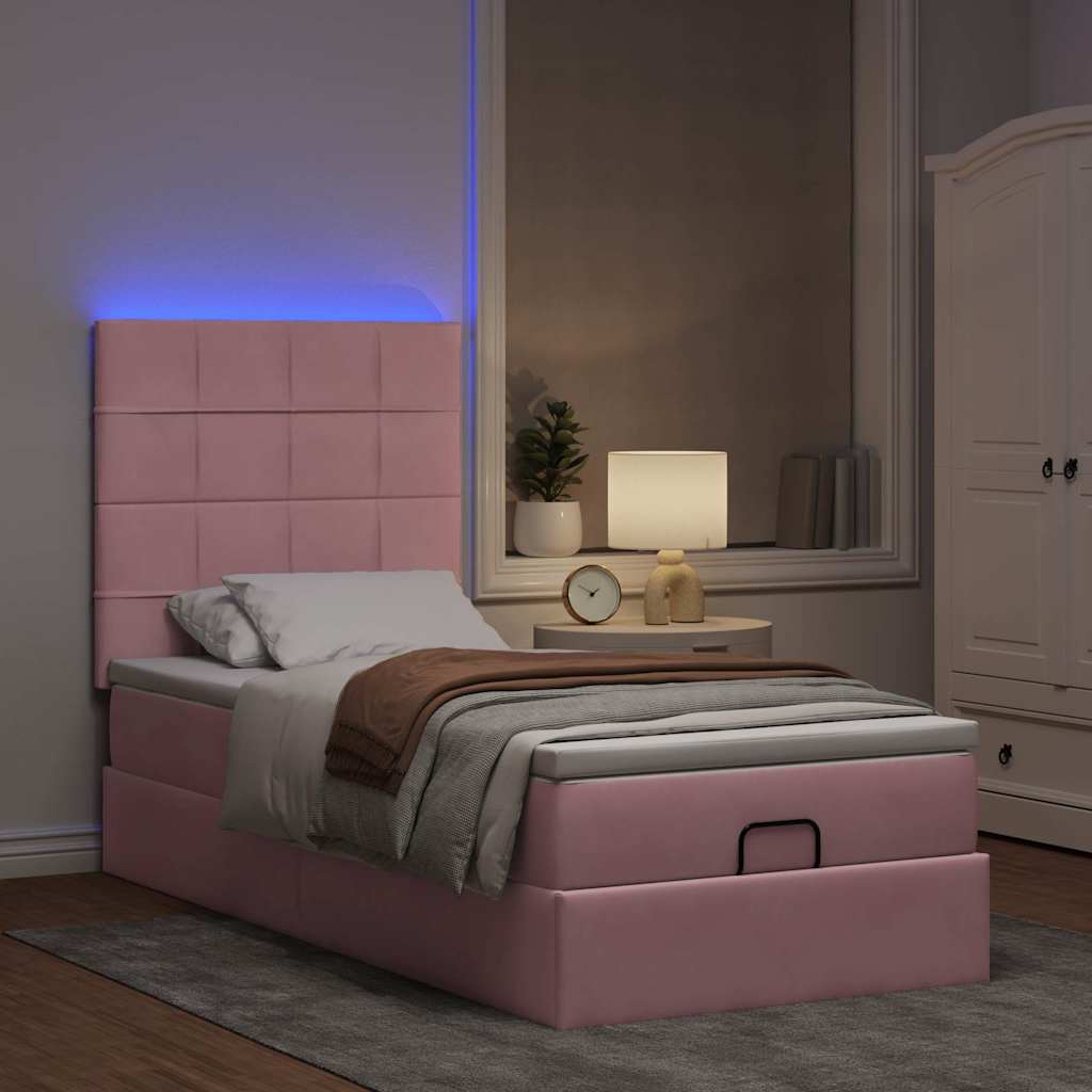Ottoman bed with mattresses &amp; LEDs pink 90x200 cm velvet