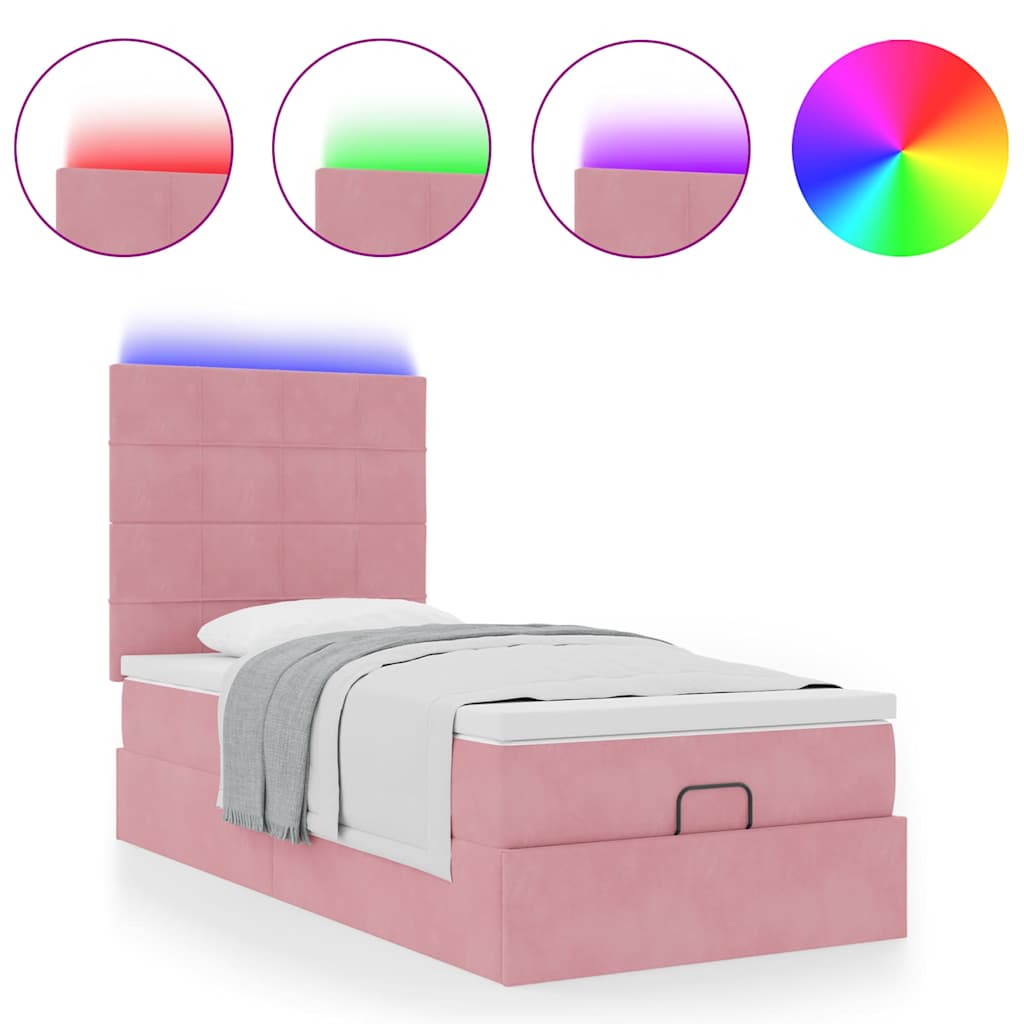 Ottoman bed with mattresses &amp; LEDs pink 90x200 cm velvet