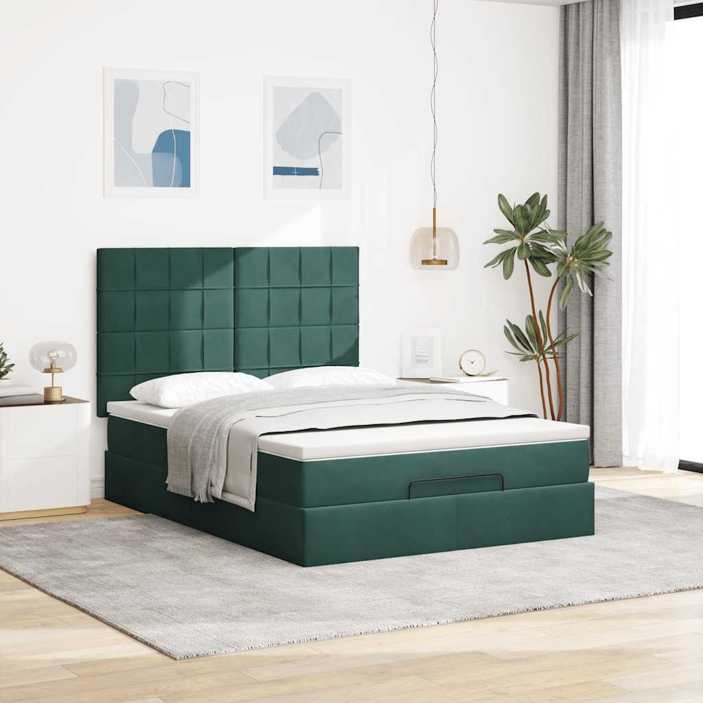 Ottoman-Bett mit Matratzen & LEDs Dunkelgrün 140x200 cm Samt