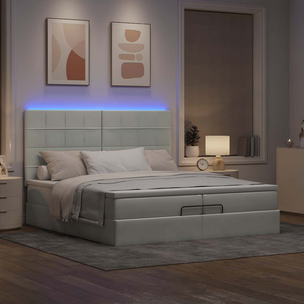 Ottoman-Bett mit Matratzen & LEDs Hellgrau 200x200 cm Samt