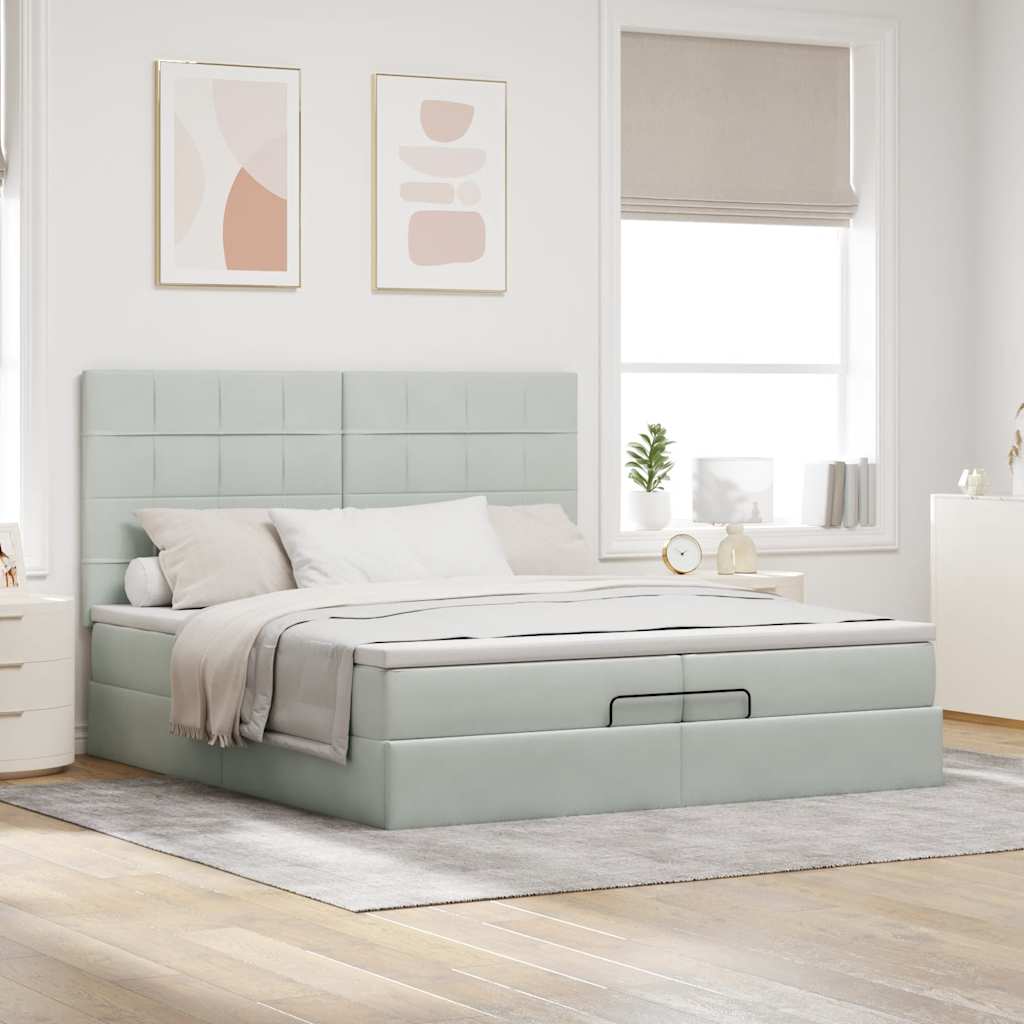 Ottoman-Bett mit Matratzen & LEDs Hellgrau 200x200 cm Samt