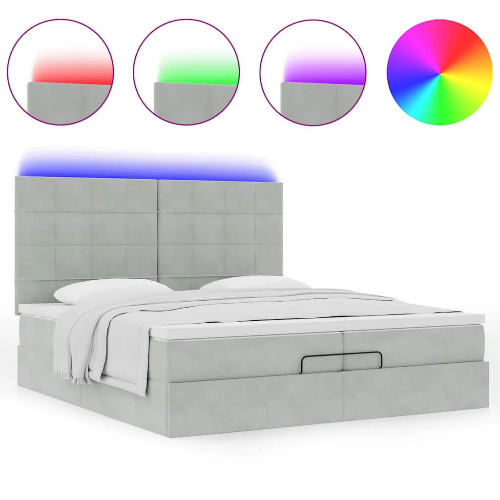 Ottoman-Bett mit Matratzen & LEDs Hellgrau 200x200 cm Samt