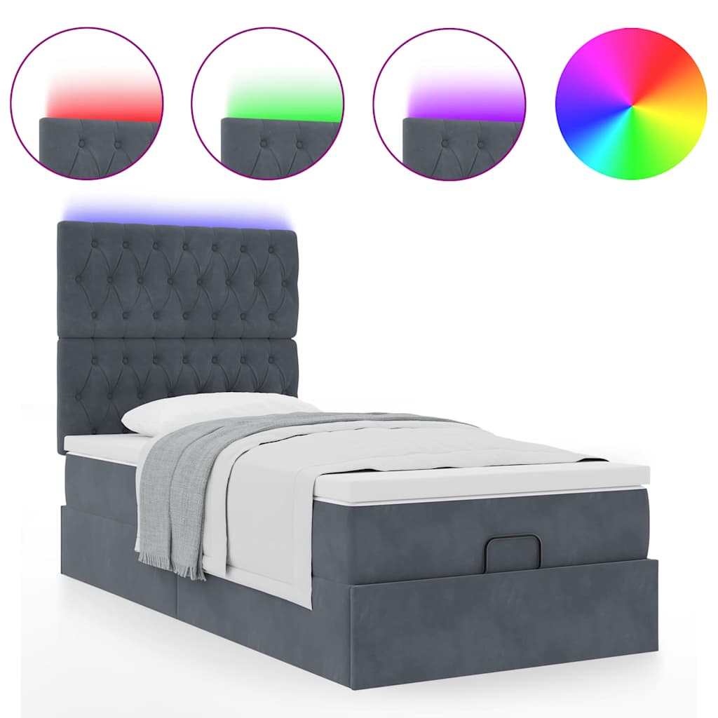 Ottoman-Bett mit Matratzen & LEDs Dunkelgrau 90x190 cm Samt