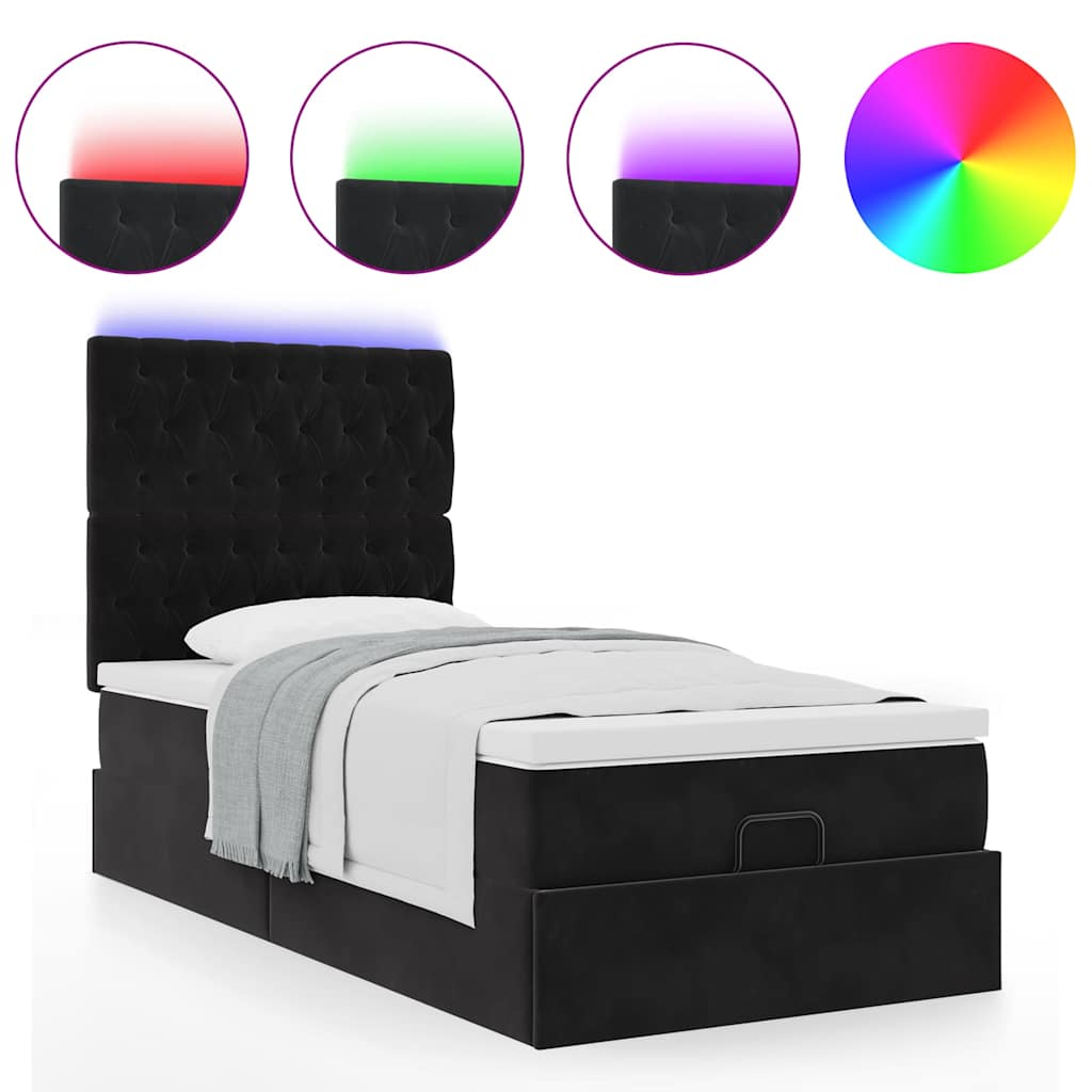 Ottoman-Bett mit Matratzen & LEDs Schwarz 90x190 cm Samt