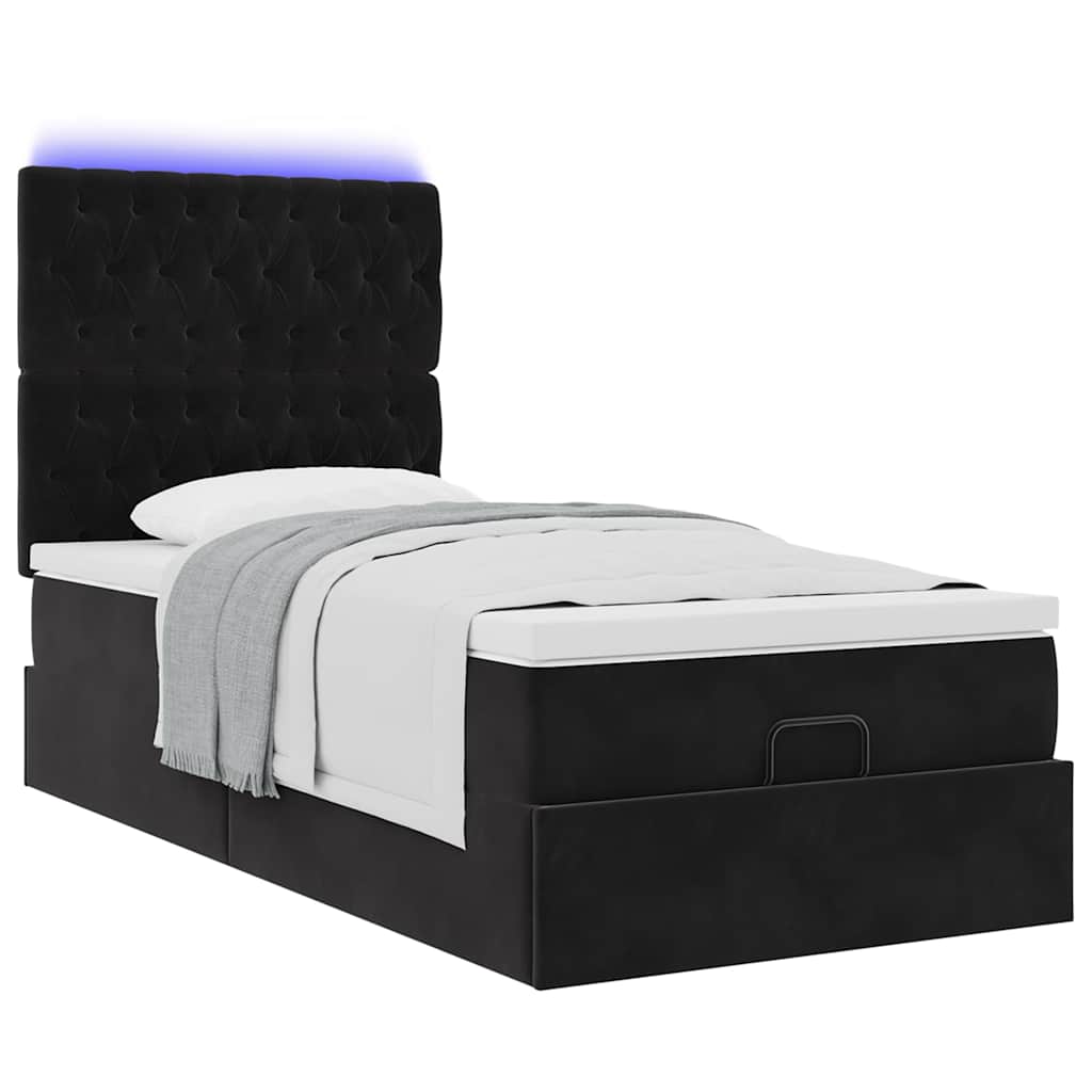 Ottoman-Bett mit Matratzen & LEDs Schwarz 90x190 cm Samt