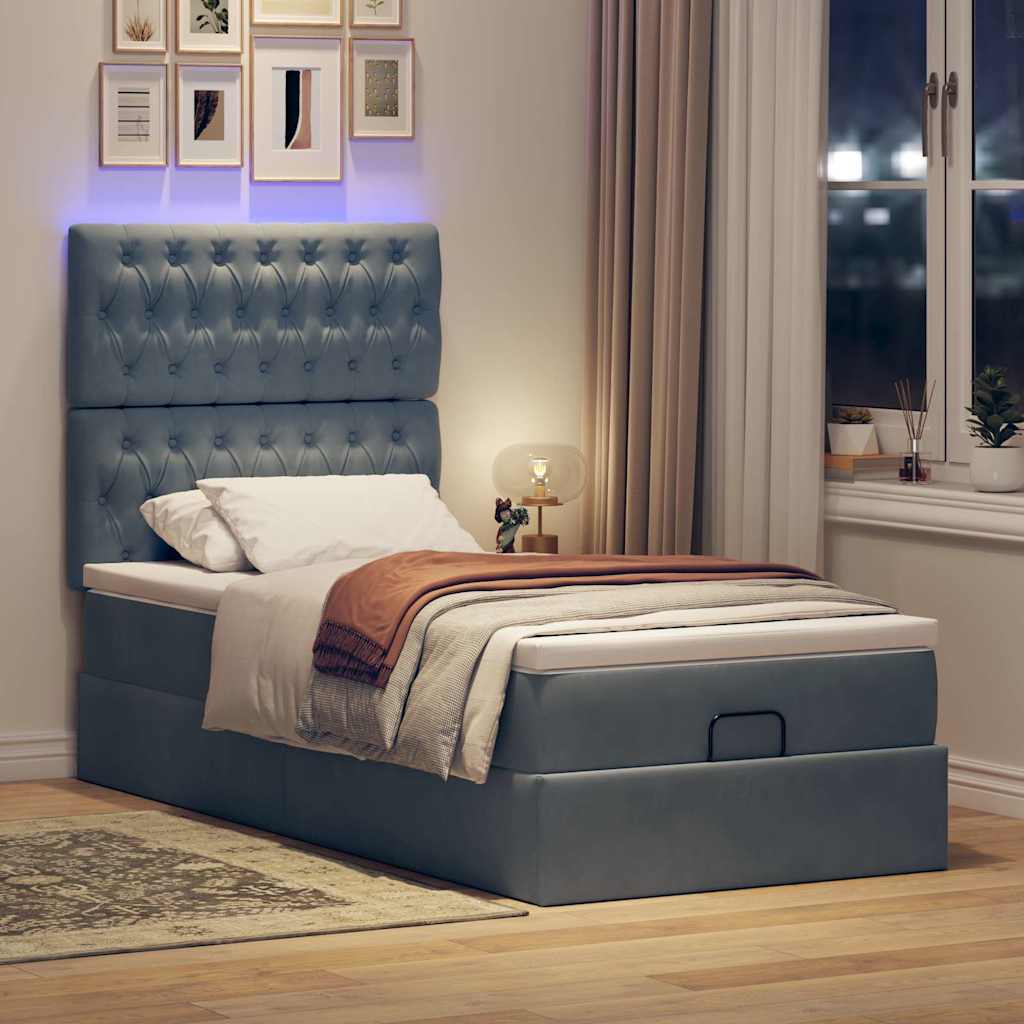 Ottoman-Bett mit Matratzen & LEDs Dunkelgrau 90x200 cm Samt