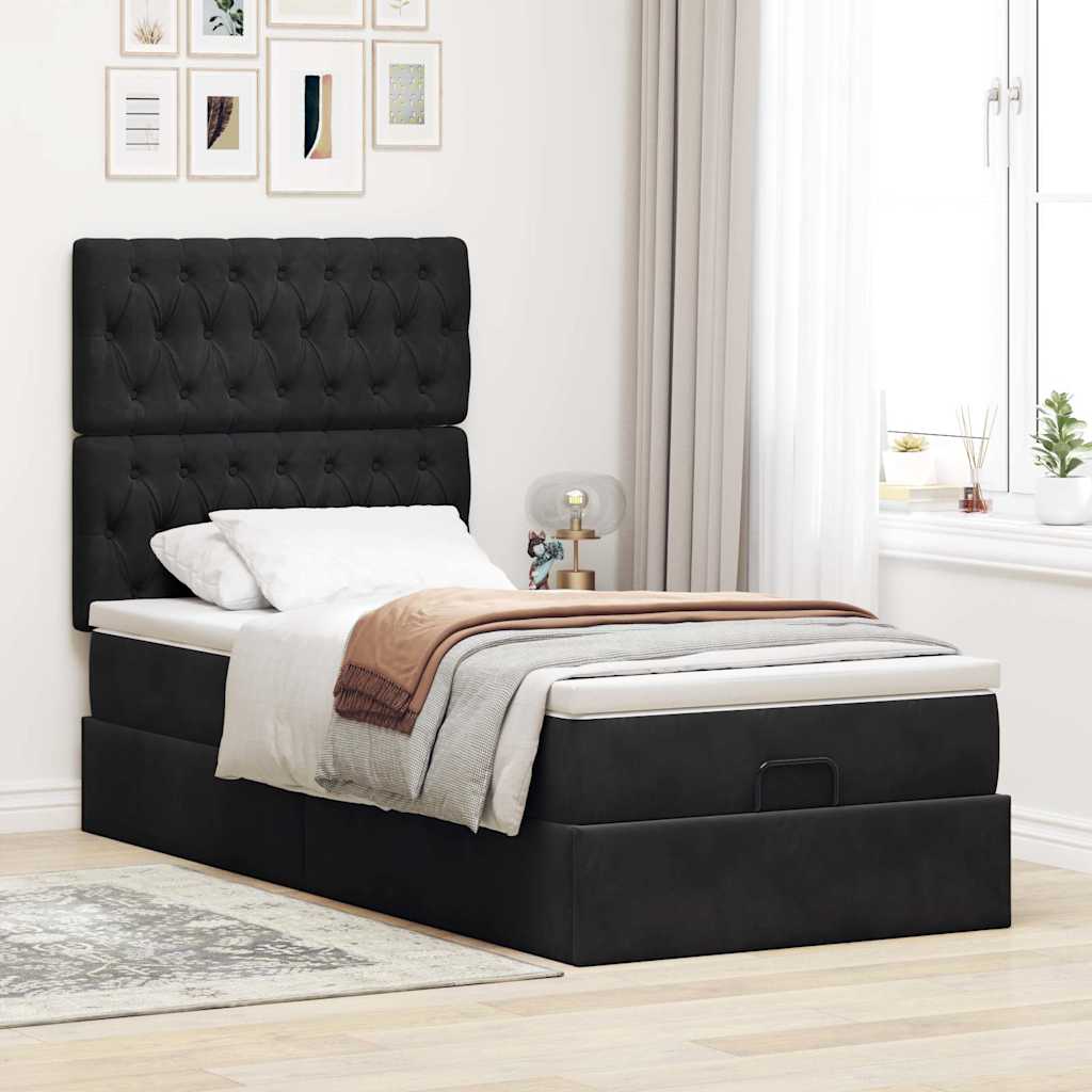 Ottoman-Bett mit Matratzen & LEDs Schwarz 90x200 cm Samt