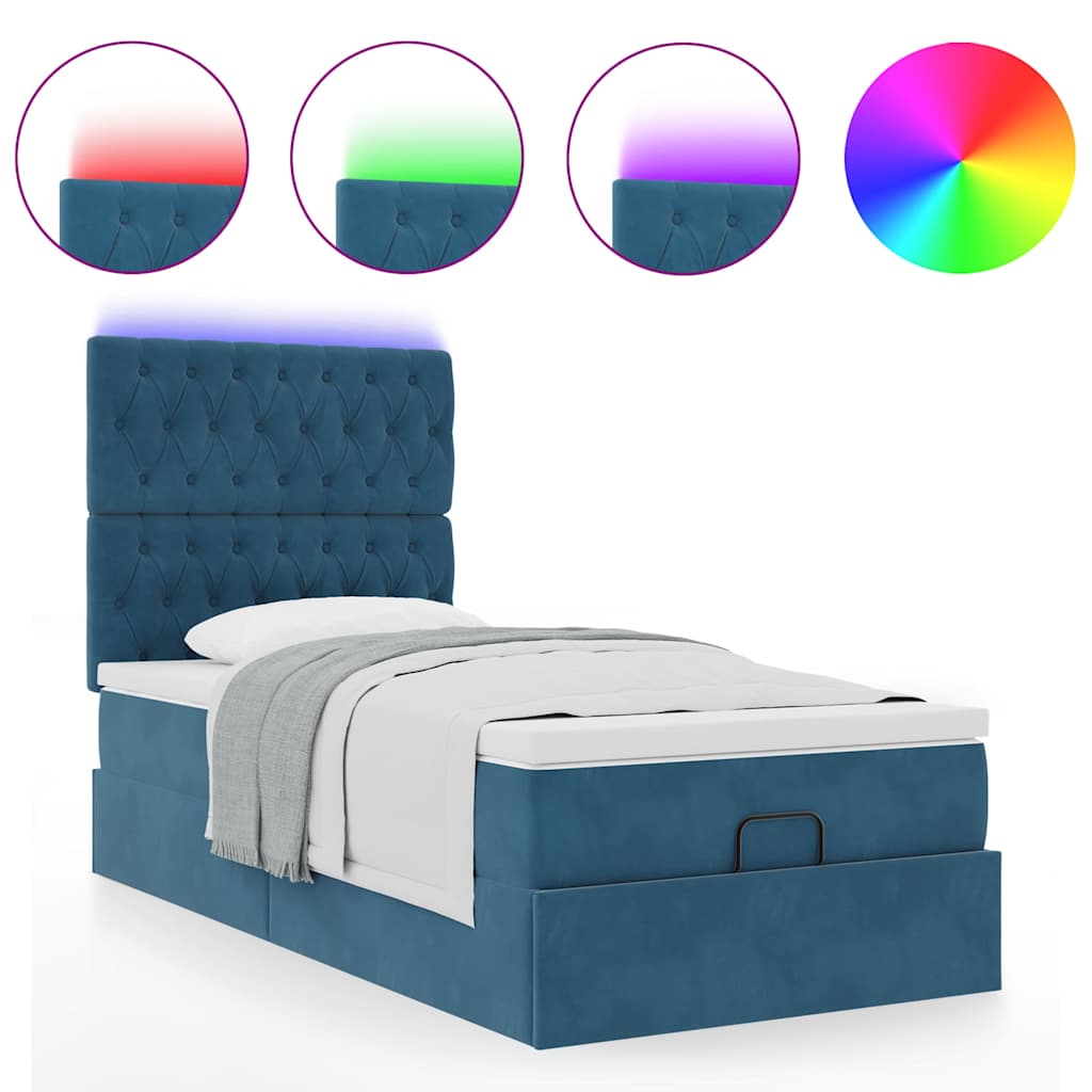 Lit ottoman avec matelas et LED bleu foncé 90x200 cm velours