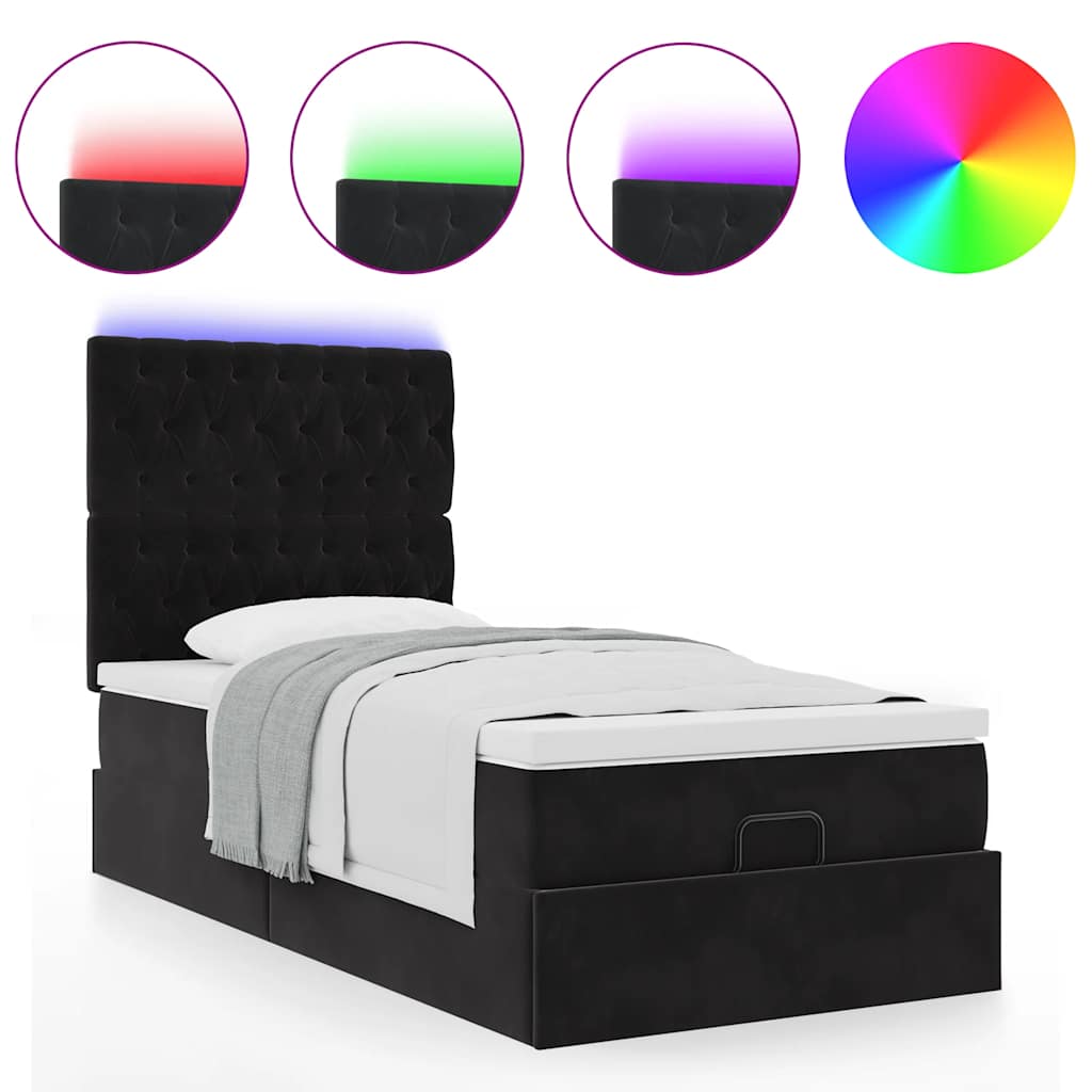 Ottoman-Bett mit Matratzen & LEDs Schwarz 100x200 cm Samt