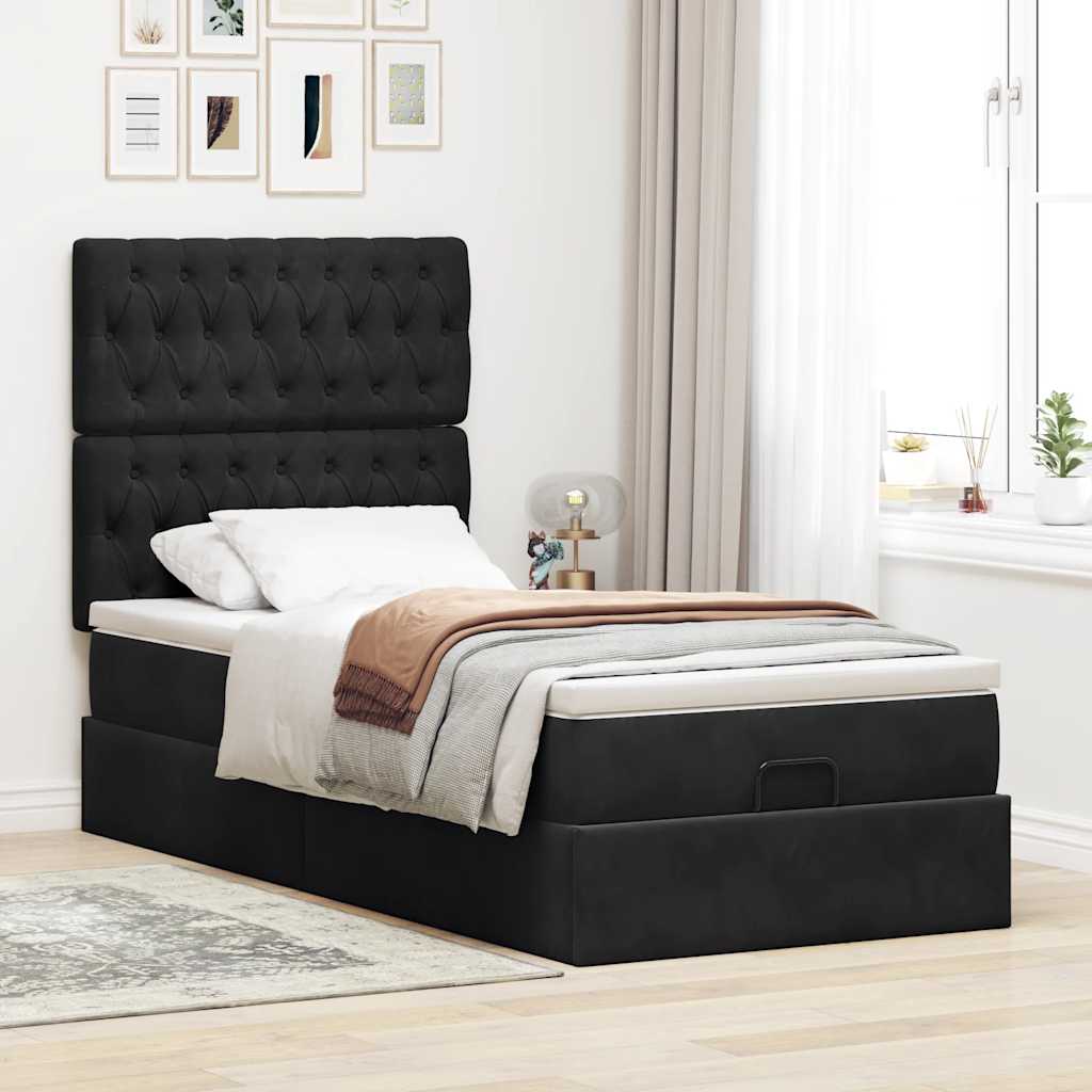 Ottoman-Bett mit Matratzen & LEDs Schwarz 100x200 cm Samt