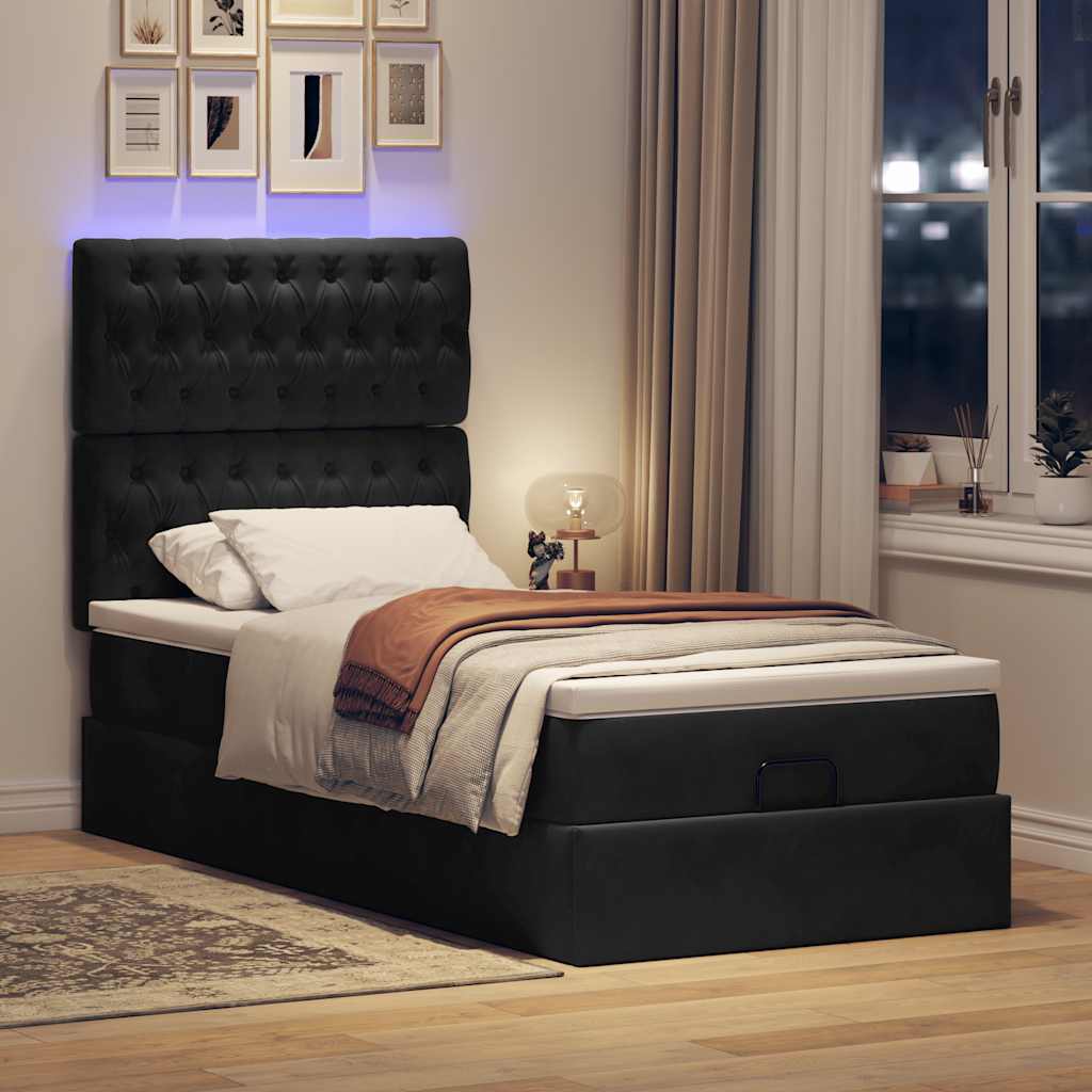 Ottoman-Bett mit Matratzen & LEDs Schwarz 100x200 cm Samt