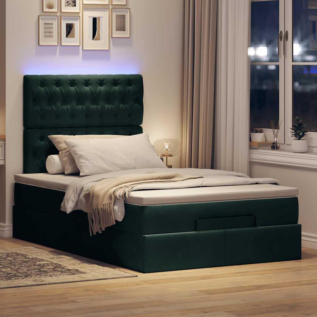 Ottoman-Bett mit Matratzen & LEDs Dunkelgrün 120x200 cm Samt