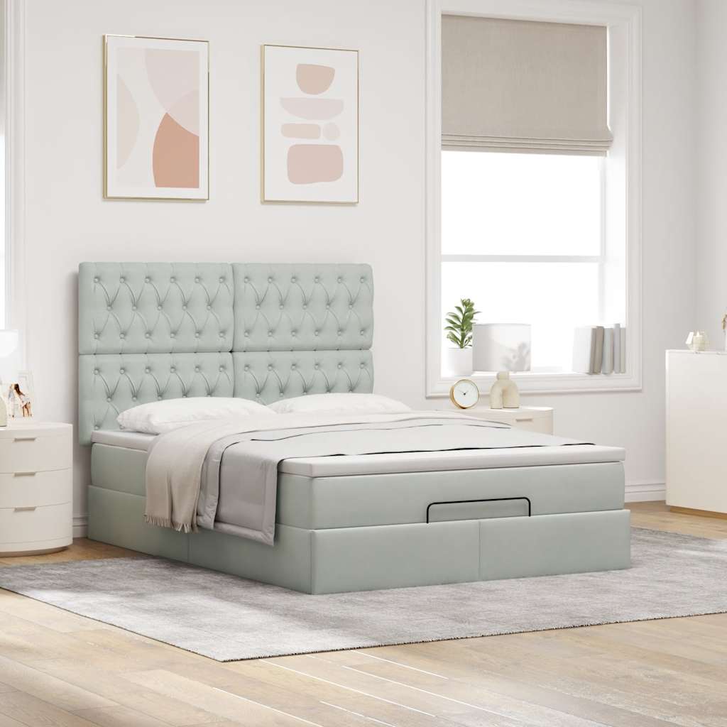 Ottoman-Bett mit Matratzen & LEDs Hellgrau 140x190 cm Samt