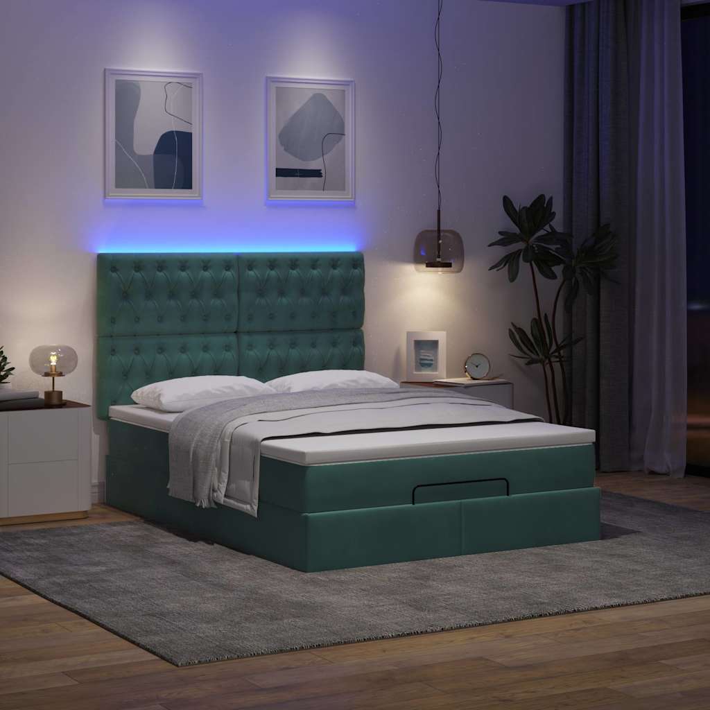 Ottoman-Bett mit Matratzen & LEDs Dunkelgrün 140x190 cm Samt