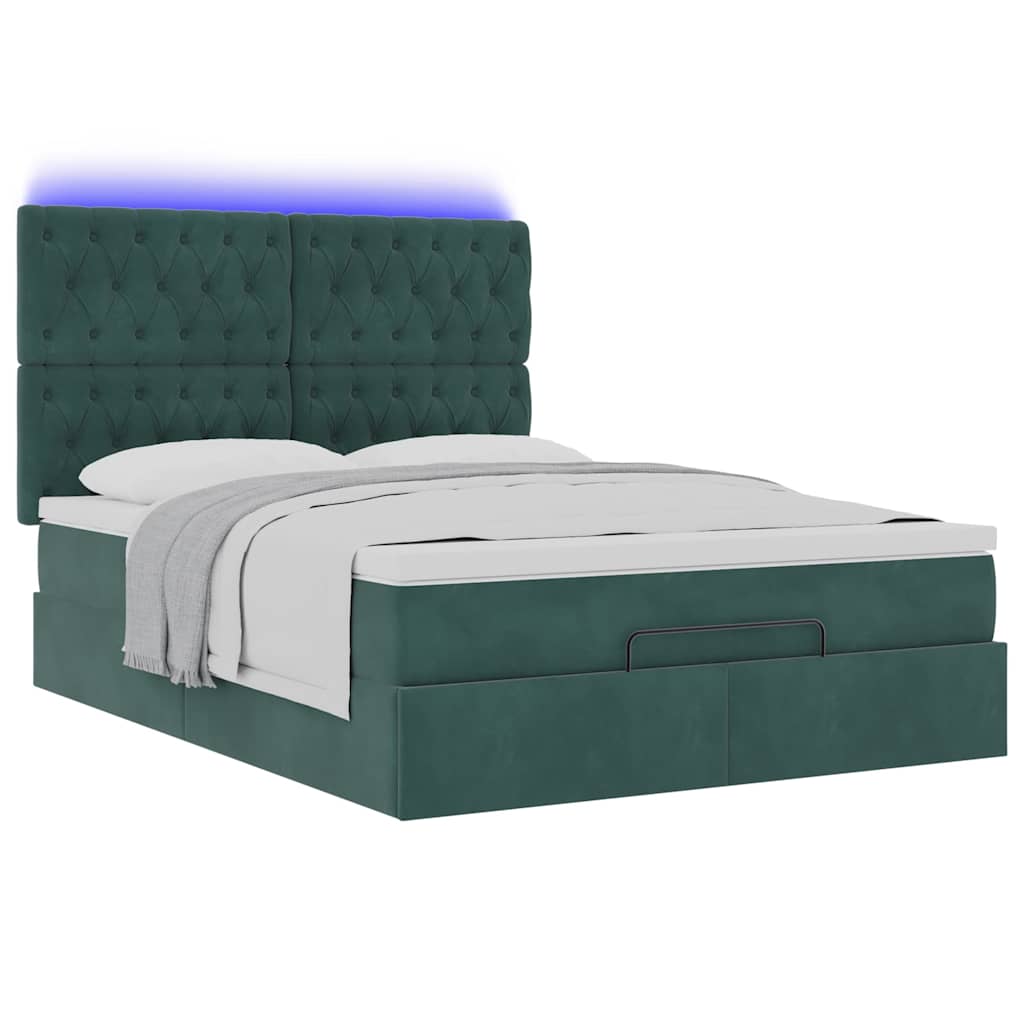 Ottoman-Bett mit Matratzen & LEDs Dunkelgrün 140x190 cm Samt