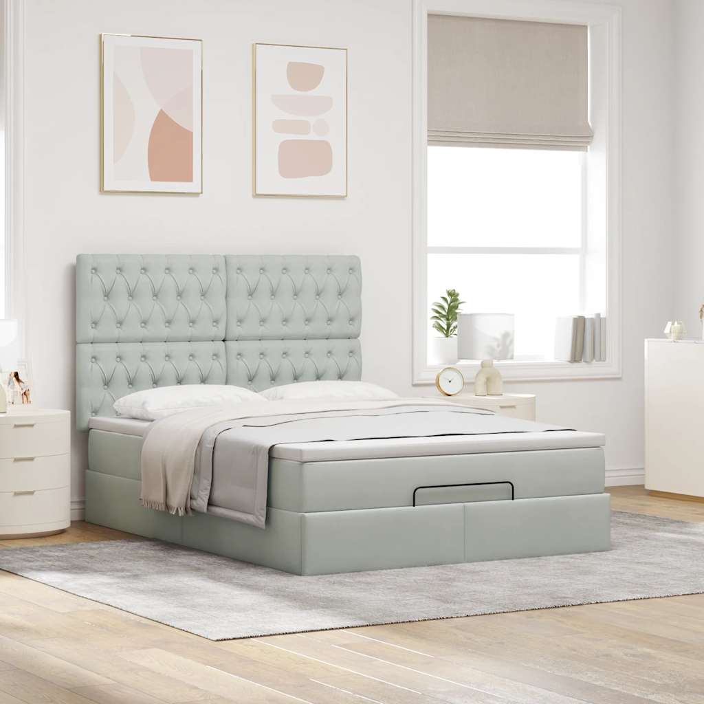 Ottoman-Bett mit Matratzen & LEDs Hellgrau 140x200 cm Samt