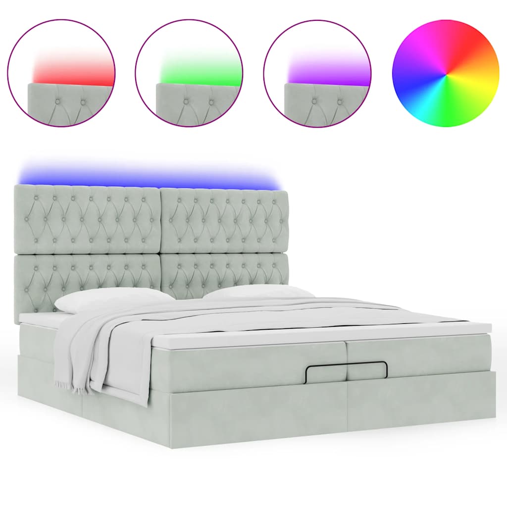 Ottoman-Bett mit Matratzen & LEDs Hellgrau 200x200 cm Samt