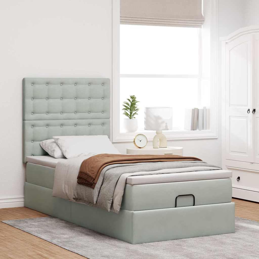 Ottoman-Bett mit Matratzen & LEDs Hellgrau 90x190 cm Samt
