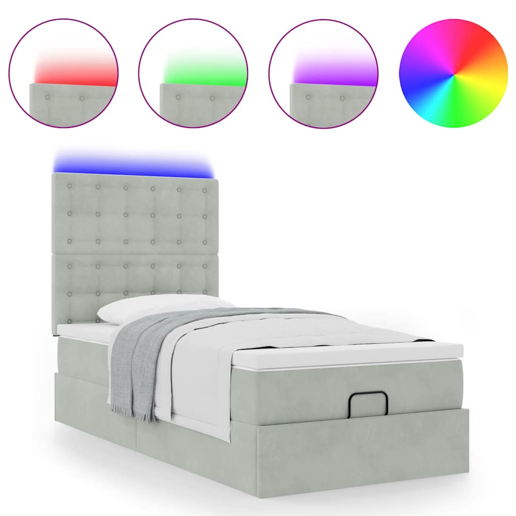 Ottoman-Bett mit Matratzen & LEDs Hellgrau 90x190 cm Samt