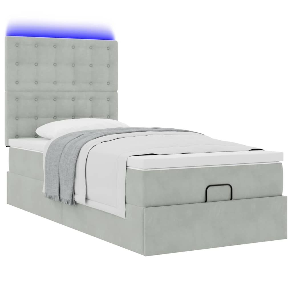Ottoman-Bett mit Matratzen & LEDs Hellgrau 90x190 cm Samt