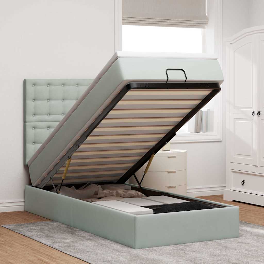 Ottoman-Bett mit Matratzen & LEDs Hellgrau 90x190 cm Samt