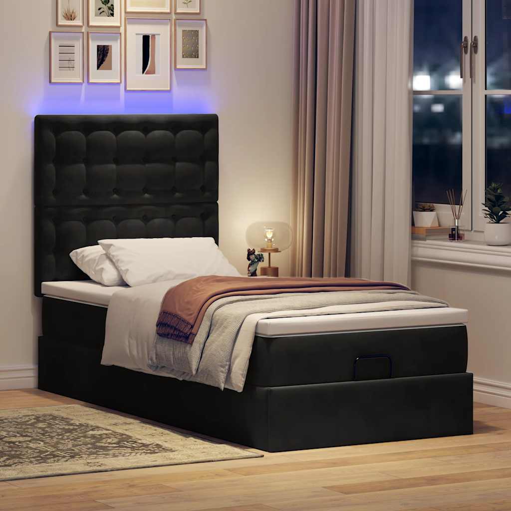Ottoman-Bett mit Matratzen & LEDs Schwarz 90x190 cm Samt