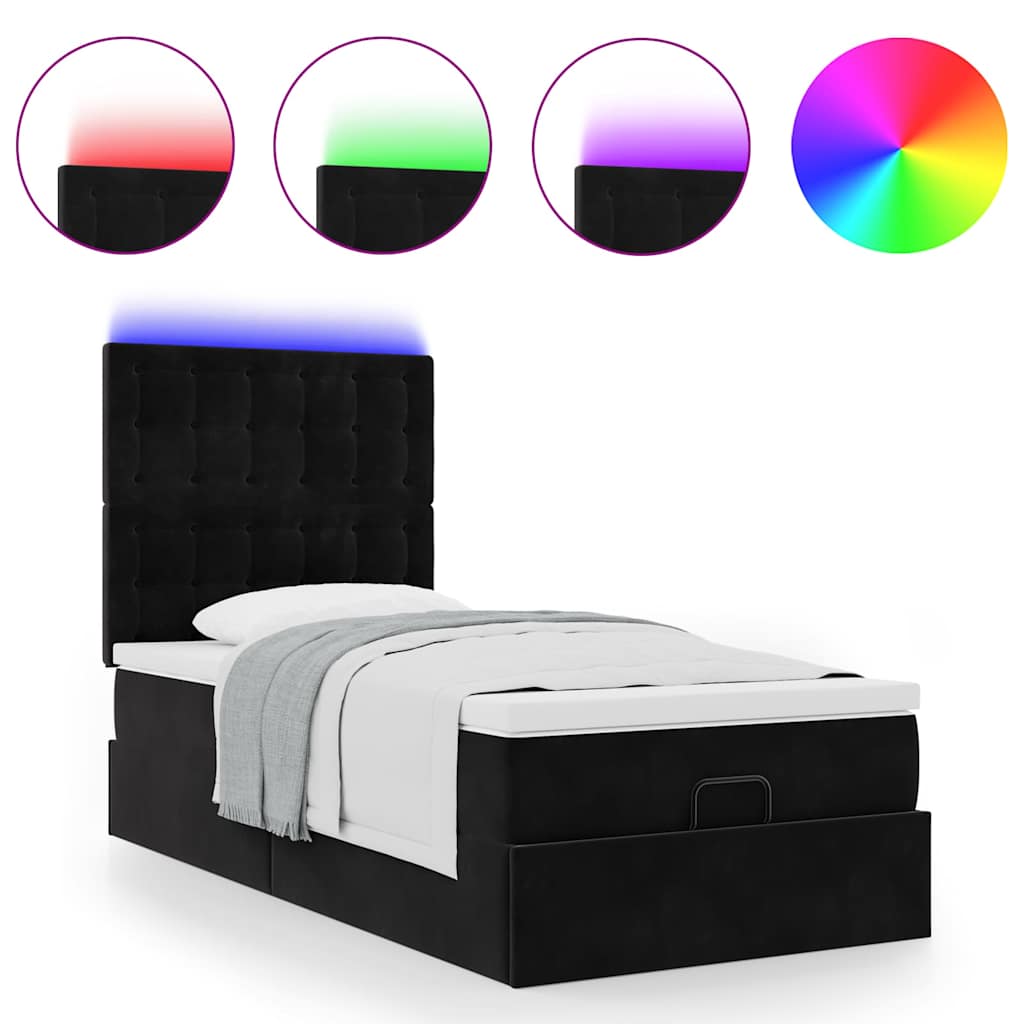 Ottoman-Bett mit Matratzen & LEDs Schwarz 90x190 cm Samt