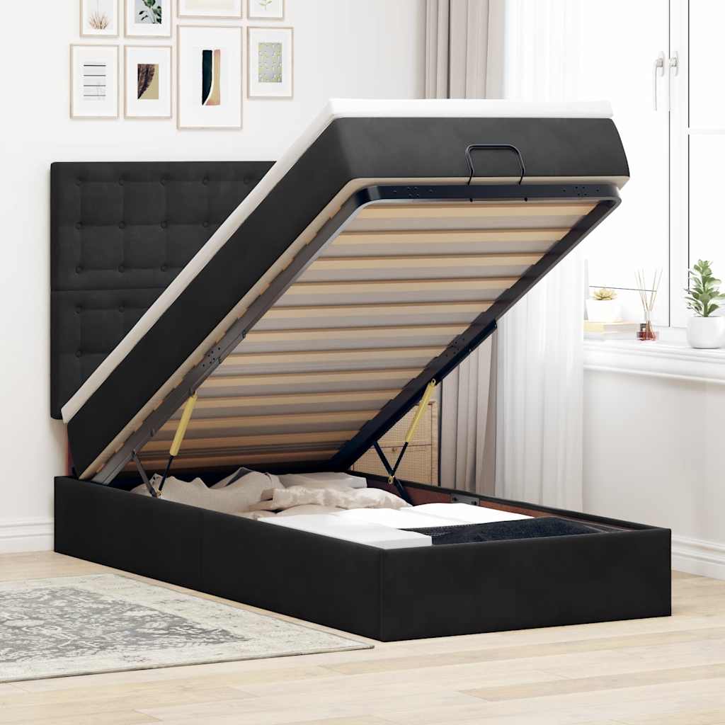 Ottoman-Bett mit Matratzen & LEDs Schwarz 90x190 cm Samt
