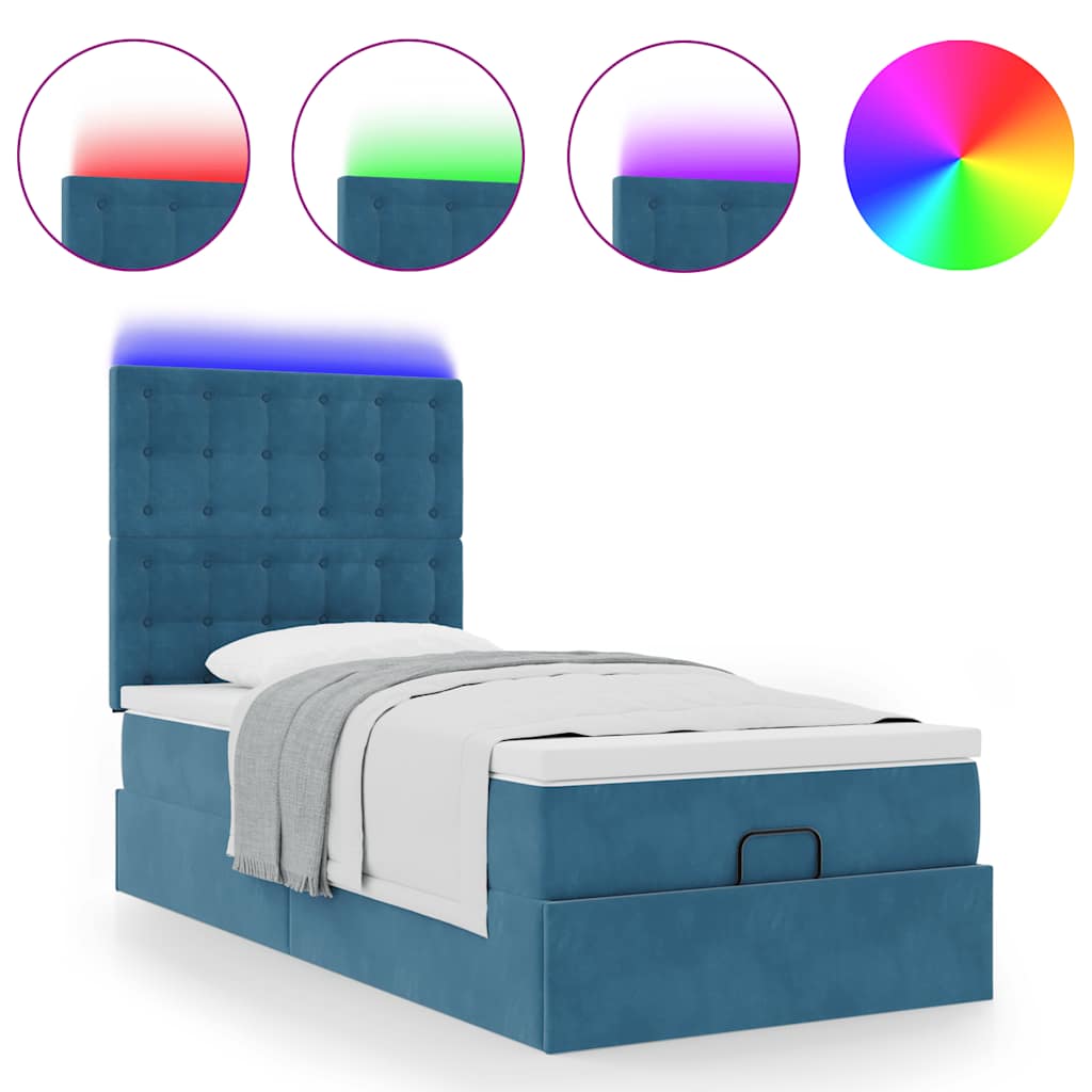 Ottoman-Bett mit Matratzen & LEDs Dunkelblau 90x190 cm Samt