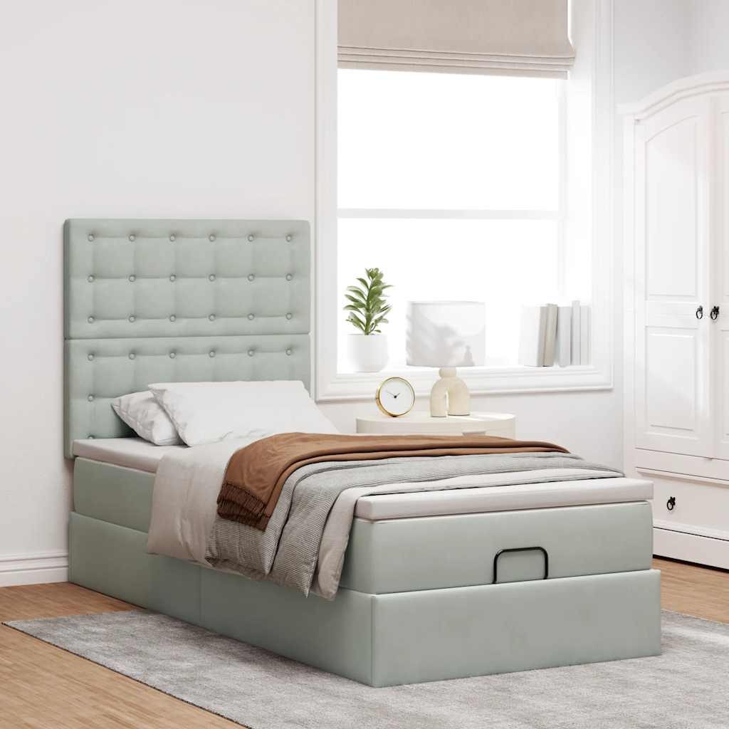 Ottoman-Bett mit Matratzen & LEDs Hellgrau 90x200 cm Samt