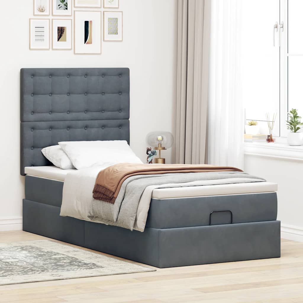 Lit ottoman avec matelas et LED gris foncé 90x200 cm velours