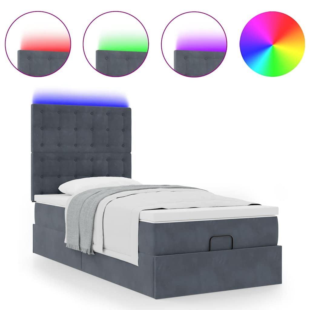 Lit ottoman avec matelas et LED gris foncé 90x200 cm velours