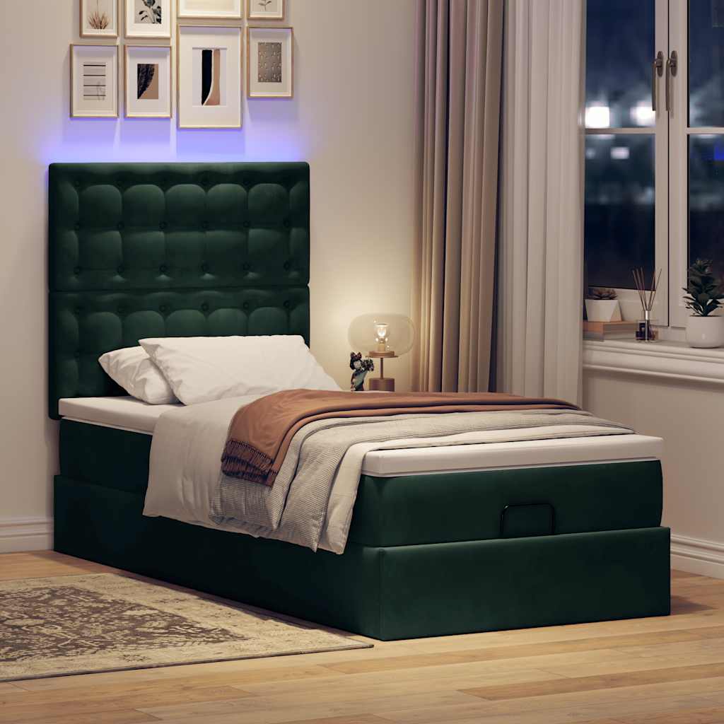 Ottoman-Bett mit Matratzen & LEDs Dunkelgrün 90x200 cm Samt