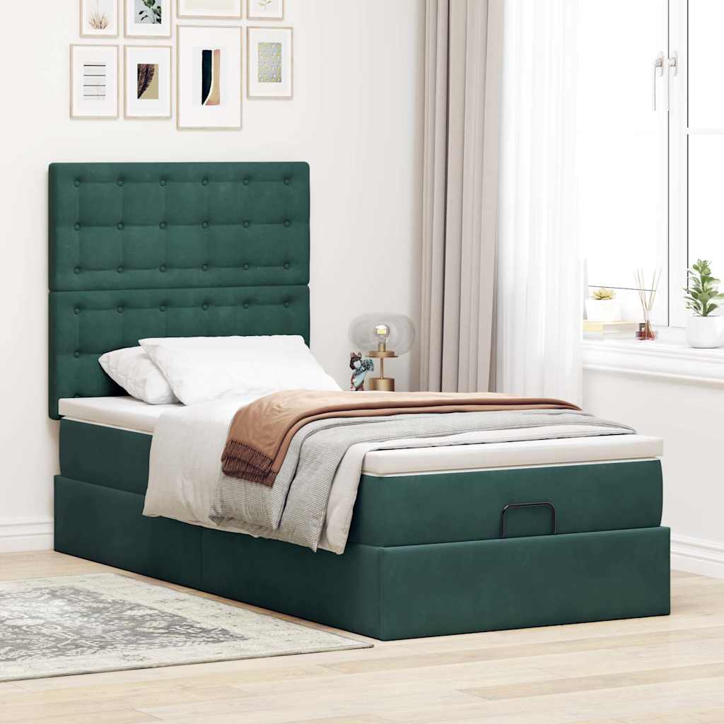 Ottoman-Bett mit Matratzen & LEDs Dunkelgrün 90x200 cm Samt