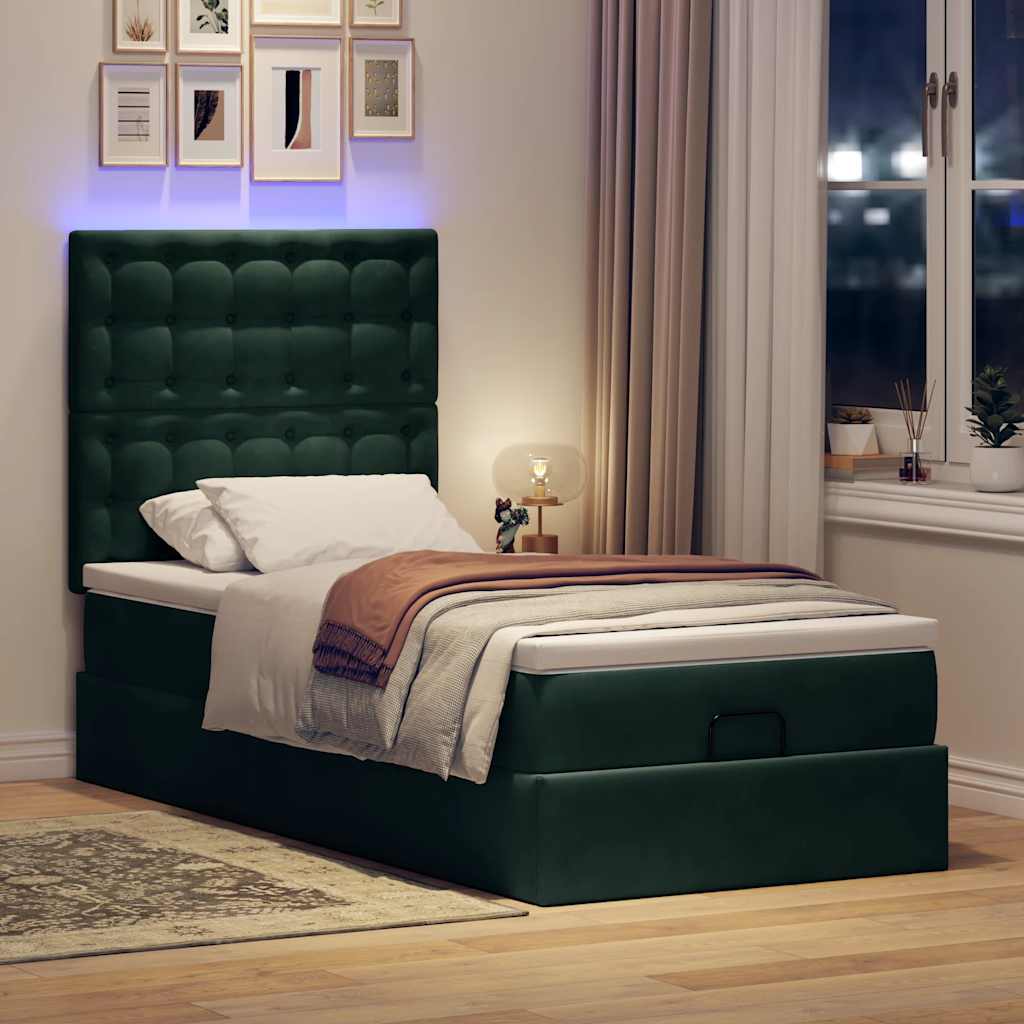 Ottoman-Bett mit Matratzen & LEDs Dunkelgrün 100x200 cm Samt