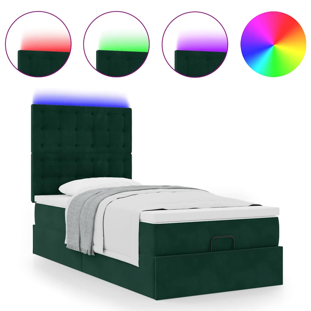 Ottoman-Bett mit Matratzen & LEDs Dunkelgrün 100x200 cm Samt