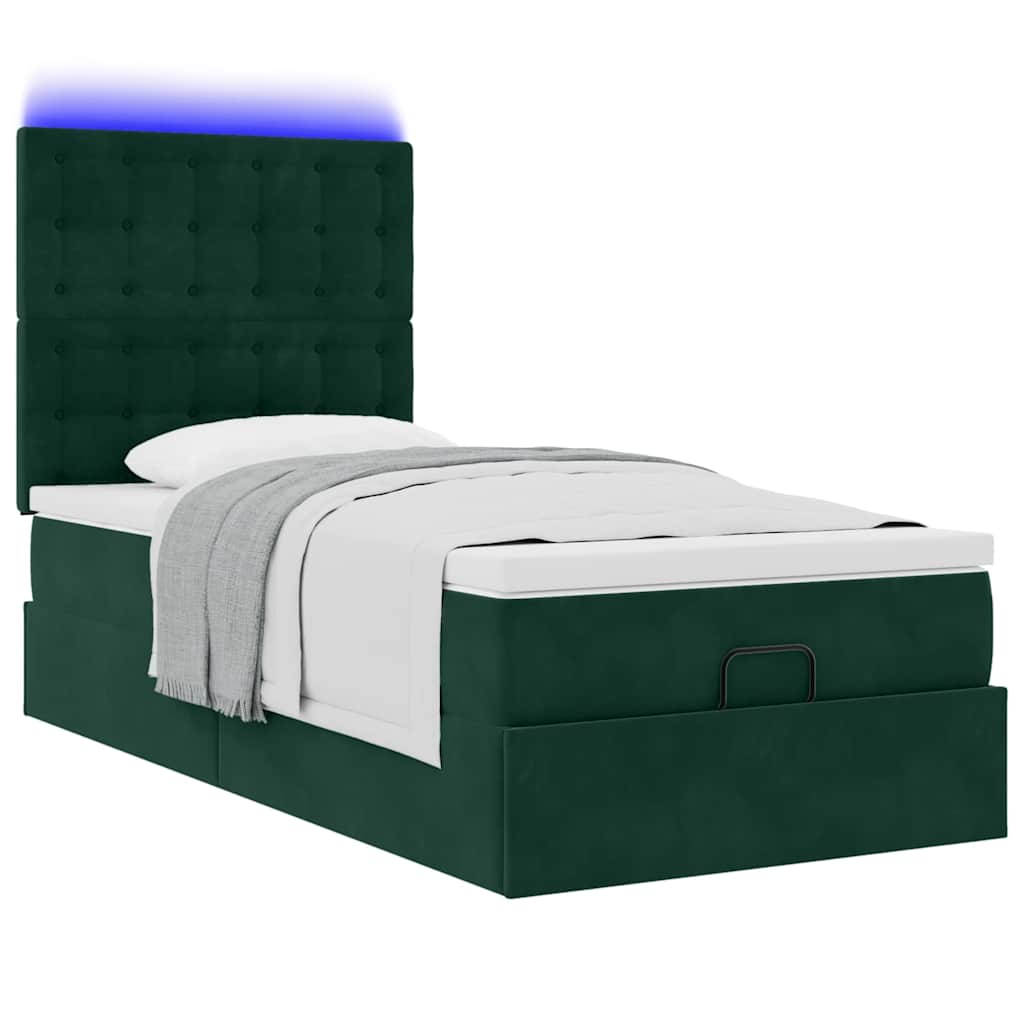 Ottoman-Bett mit Matratzen & LEDs Dunkelgrün 100x200 cm Samt