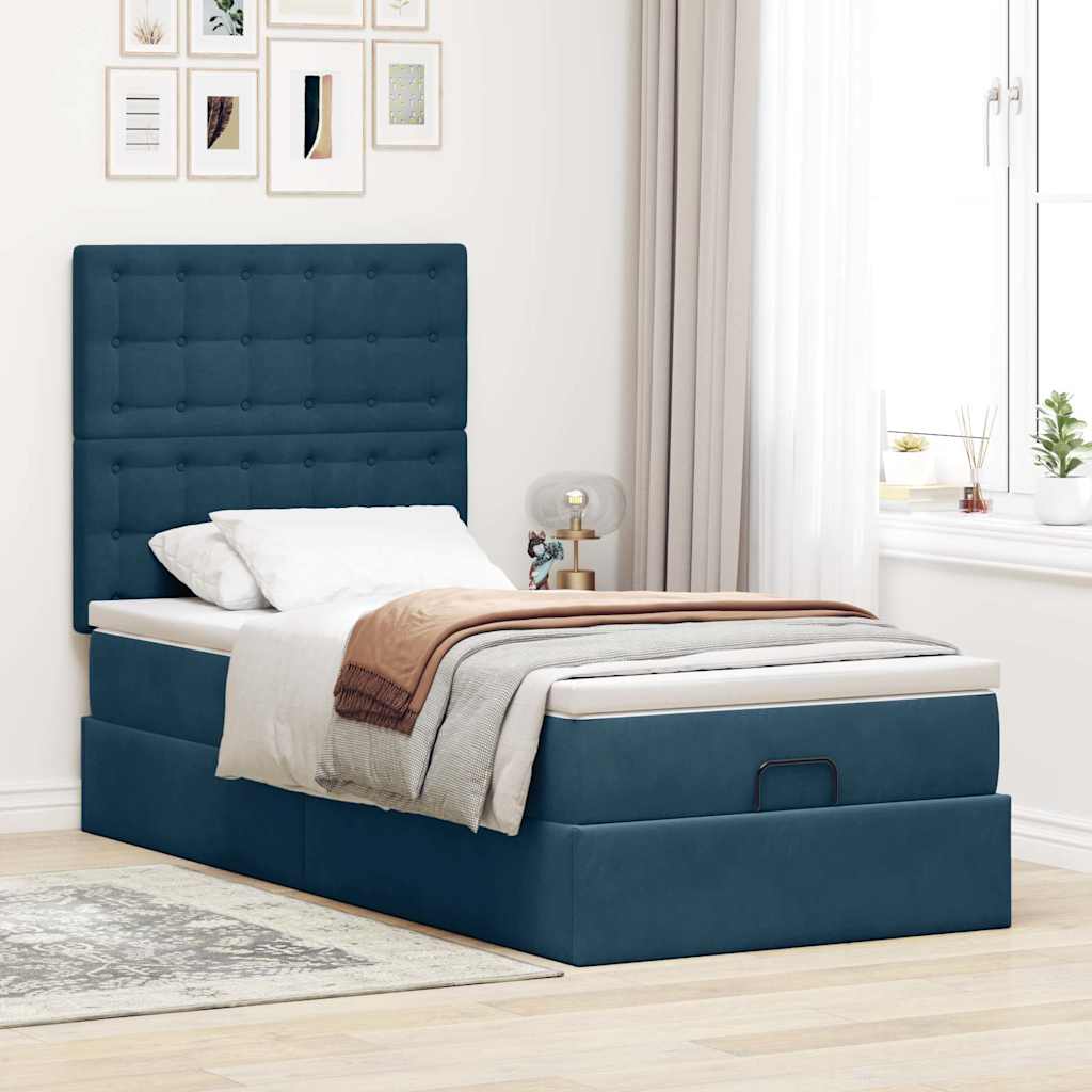Ottoman-Bett mit Matratzen & LEDs Dunkelblau 100x200 cm Samt