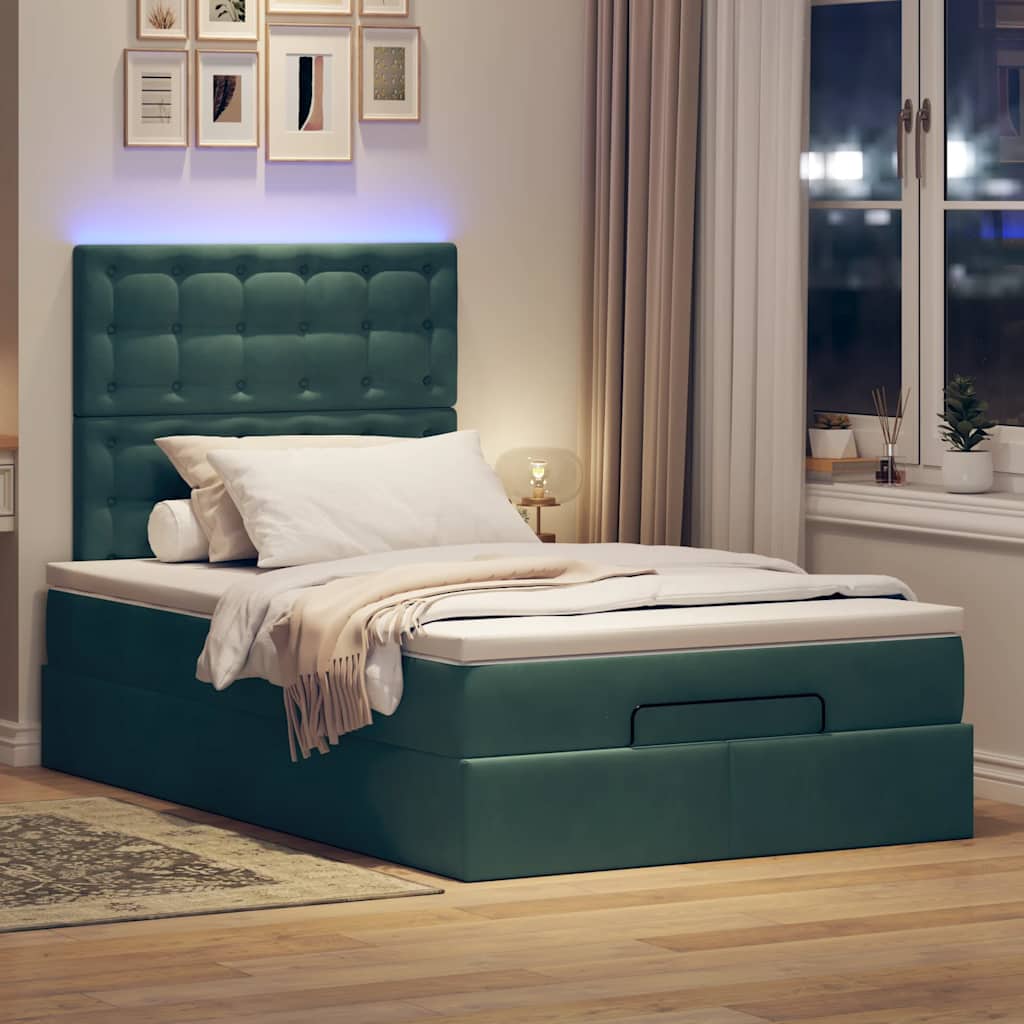 Ottoman-Bett mit Matratzen & LEDs Dunkelgrün 120x190 cm Samt