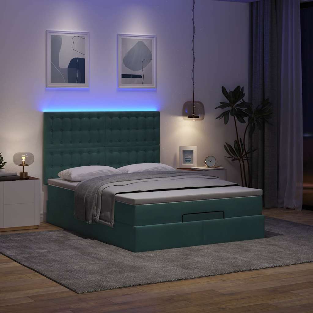 Ottoman-Bett mit Matratzen & LEDs Dunkelgrün 140x190 cm Samt