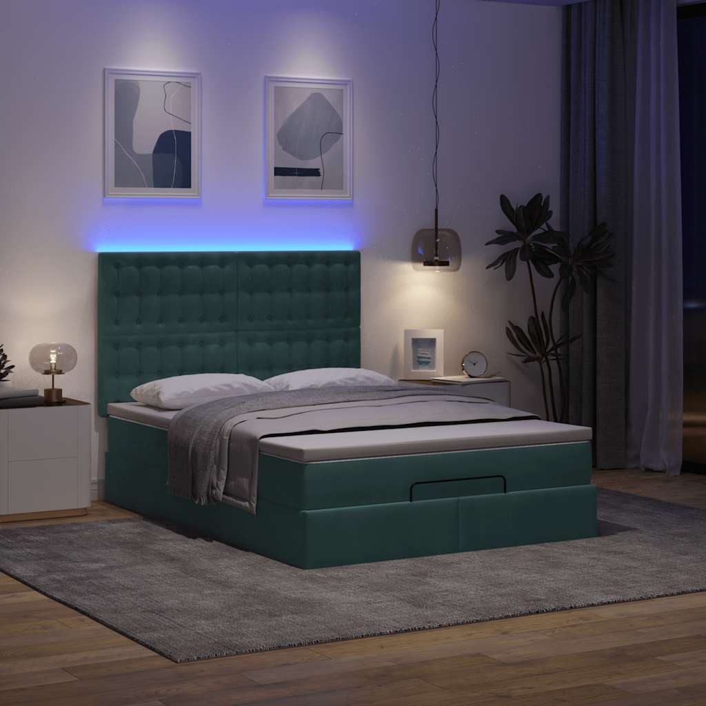 Ottoman-Bett mit Matratzen & LEDs Dunkelgrün 140x200 cm Samt