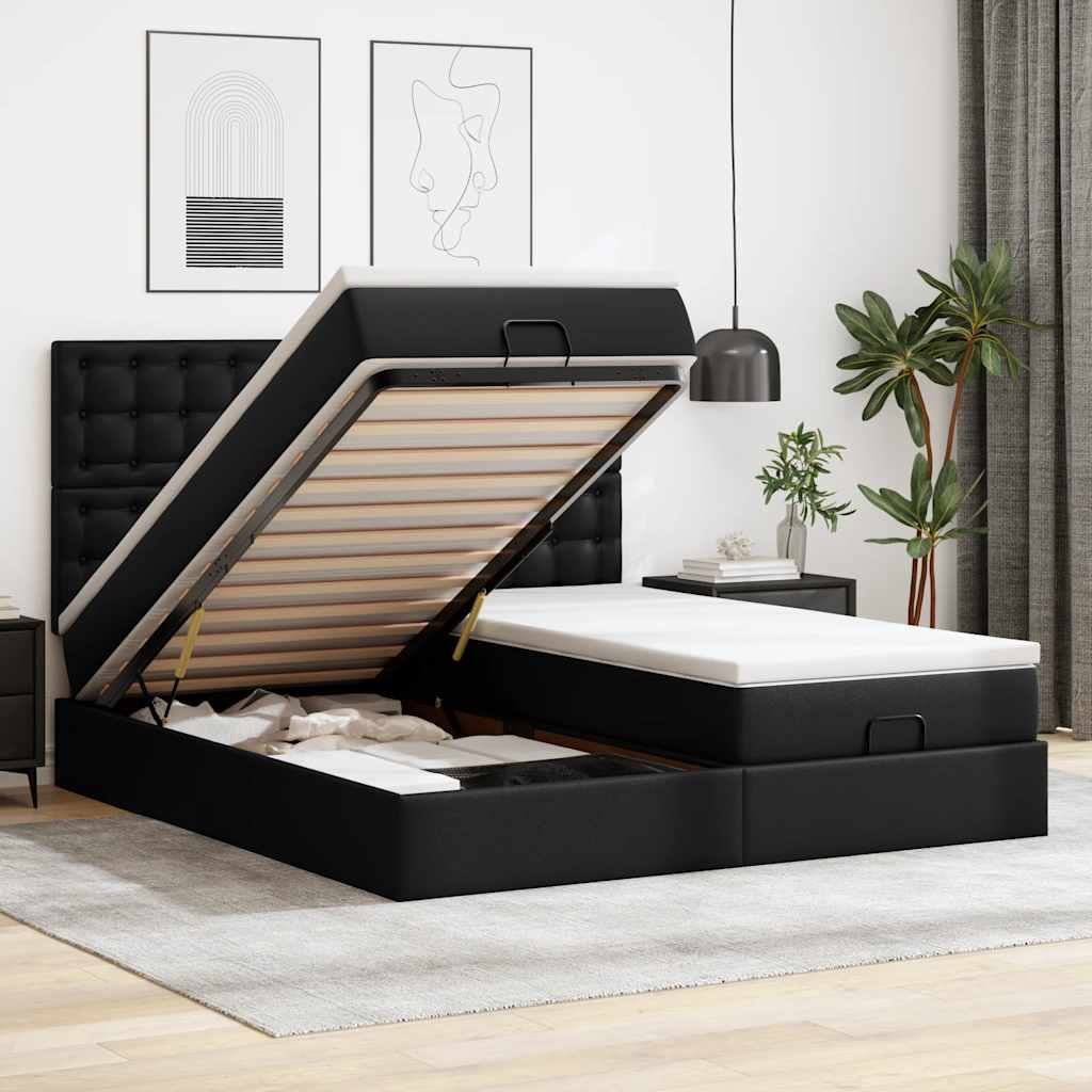 Ottoman-Bett mit Matratzen & LEDs Schwarz 180x200 cm Kunstleder