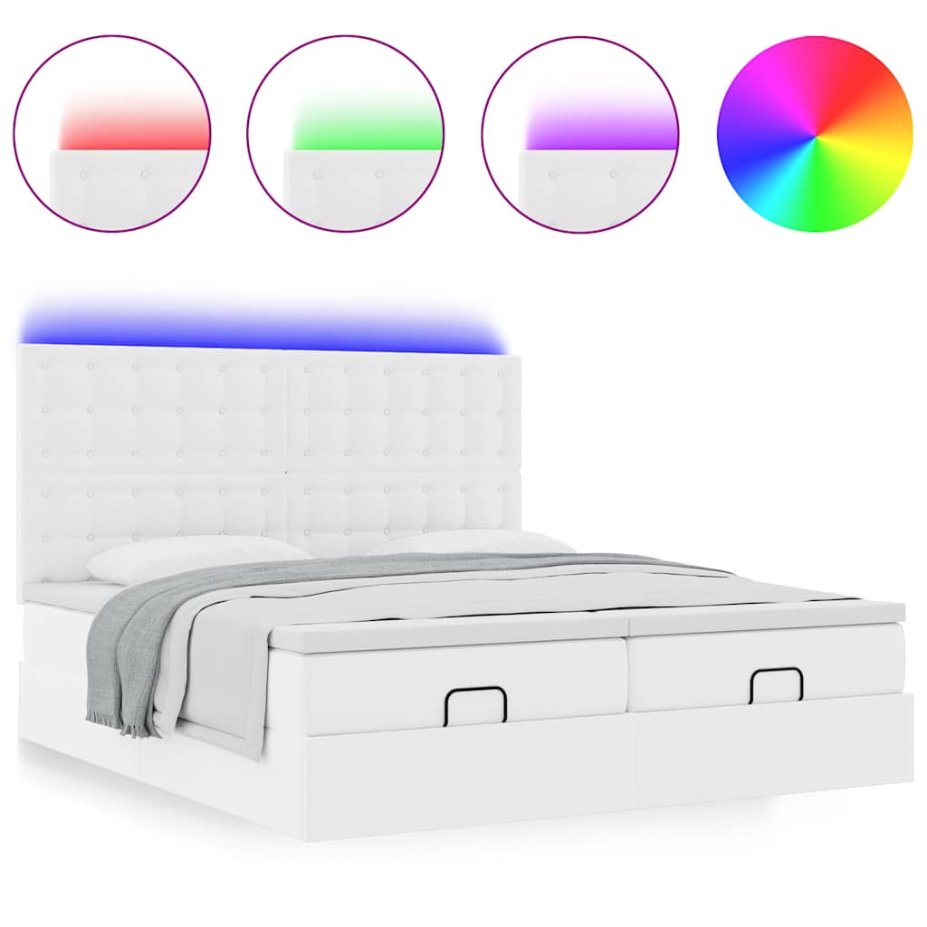 Ottoman-Bett mit Matratzen & LEDs Reinweiß 200x200cm Kunstleder