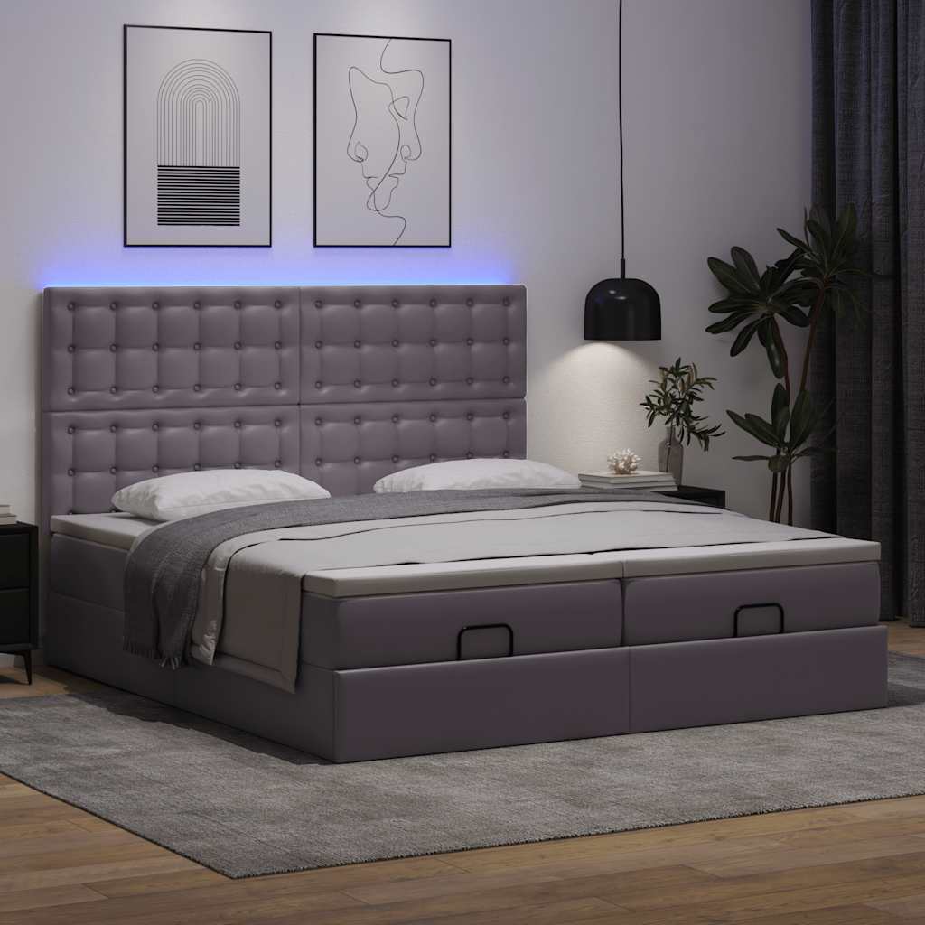 Ottoman-Bett mit Matratzen & LEDs Grau 200x200 cm Kunstleder
