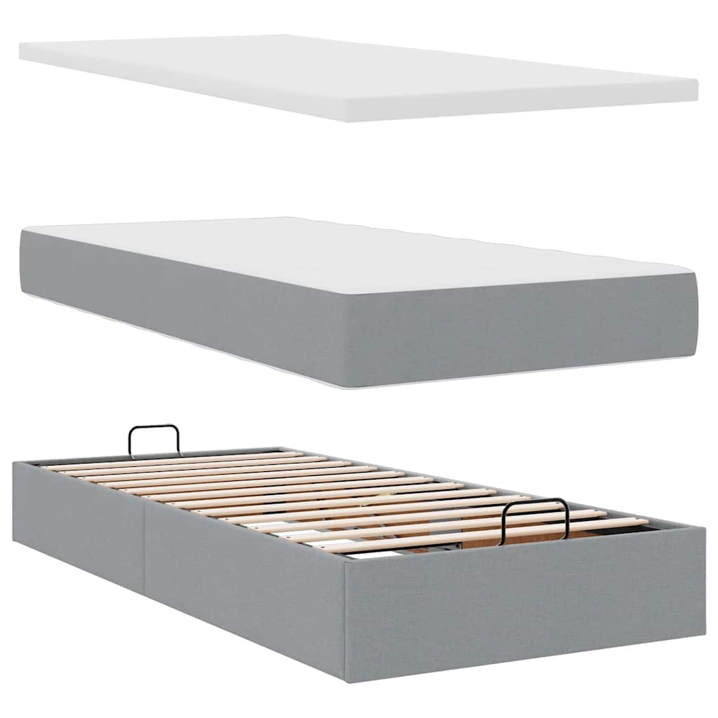 Ottoman-Bett mit Matratzen & LEDs Hellgrau 200x200 cm Stoff