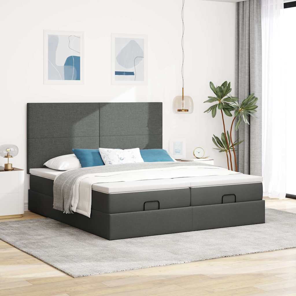 Lit ottoman avec matelas et LED tissu gris foncé 200x200 cm